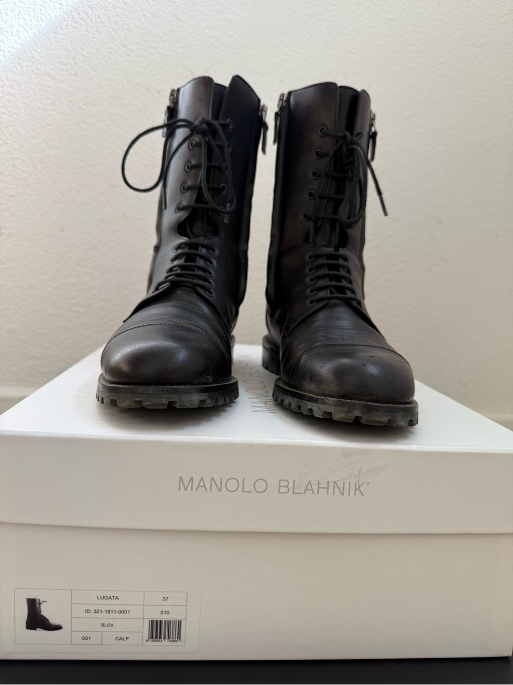 Manolo Blahnik Black Calf Leather Lace-Up Combat Boots with Lug Sole